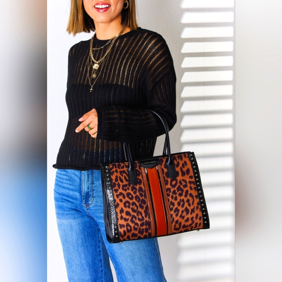 David Jones Leopard Contrast Rivet Handbag - Picture 1 of 8